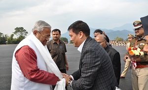 Governor designate Shri PB Acharya received by Chief Minister Shri Pema Khandu at Raj Bhavan Helipad, Itanagar on 28th January 2017.